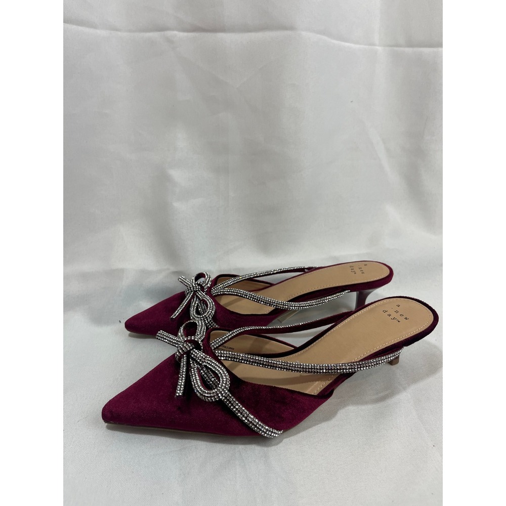 A New Day Burgundy Velvet Rhinestone Bow Kitten Heel Mules Womens 8‎ Pointed Toe